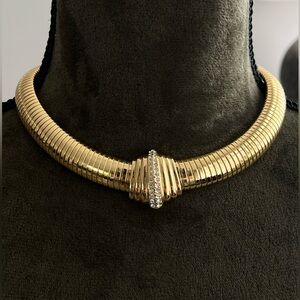 Vintage Christian Dior Shell Ribbed Rhinestone Thick Gold Chain Choker Necklace